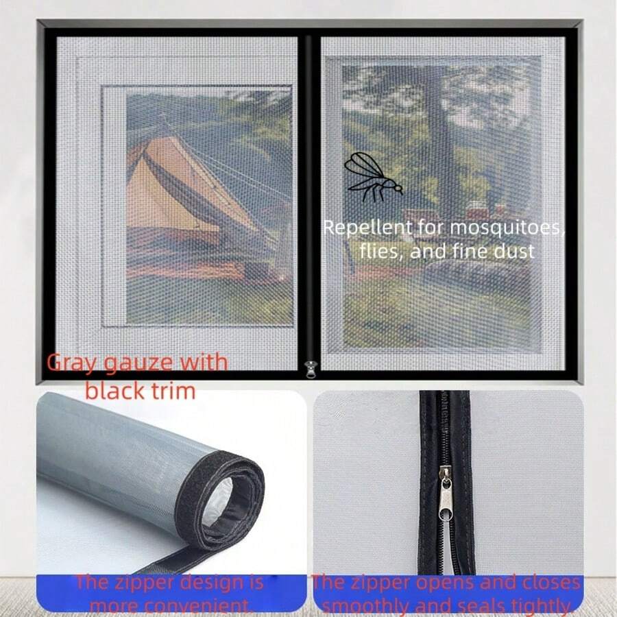 Màn chống muỗi không cần khoan, lưới cửa sổ dễ lắp đặt, lưới chống côn trùng. - Lưới màu xám với viền và khóa kéo màu đen. - Xem 1