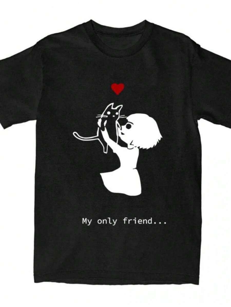 playeras de mujer Game Fran Bow Girl and Cat Print T-shirt Unisex Streetwear Loose Fashion Women Men Tshirts Casual Female Graphic Print Clothing - Negro - Ver 1