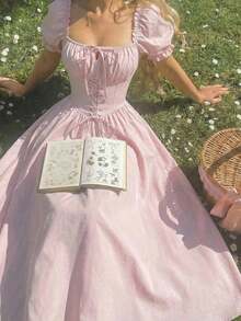 MOD Vestido de cuello cuadrado con mangas de pétalo y cintura ceñida en color rosa - Rosa - Ver 1