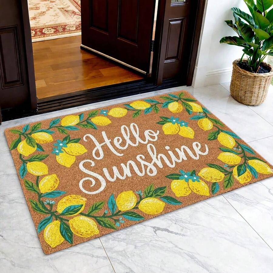 1pc "Hello Sunshine" Lemon Print Entrance Mat, Summer Flannel Rectangular Rug, Suitable For Entryway, Kitchen, Living Room, Bathroom, Bedroom And Patio
