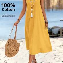 guangzhougaolangshangmao  Vestido largo de verano para mujer con cuello en V sin mangas y hebilla circular de unicolor. Vestidos de verano de algodón casuales sin mangas para mujer. Vestidos de verano casuales para mujer. Vestidos de verano para mujer. Vestidos casuales sin mangas de longitud midi de algodón para mujer. - Amarillo - Ver 1