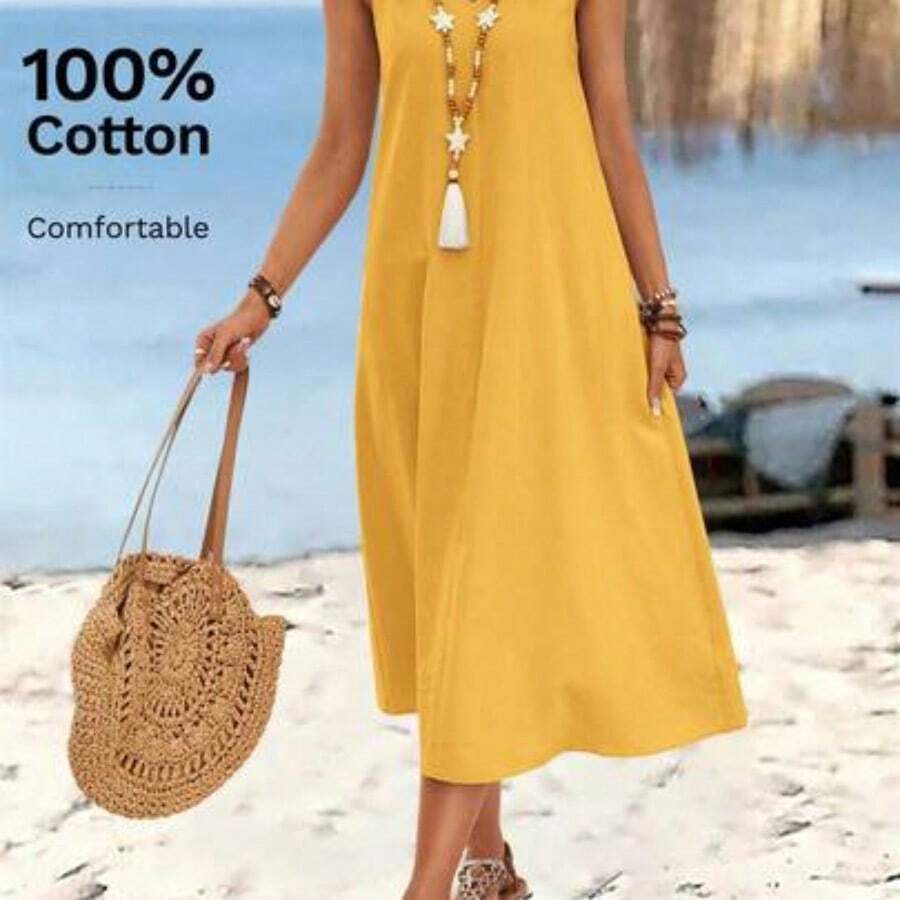 guangzhougaolangshangmao Vestido largo de verano para mujer con cuello en V sin mangas y hebilla circular de unicolor. Vestidos de verano de algodón casuales sin mangas para mujer. Vestidos de verano casuales para mujer. Vestidos de verano para mujer. Vestidos casuales sin mangas de longitud midi de algodón para mujer. - Amarillo - Ver 1