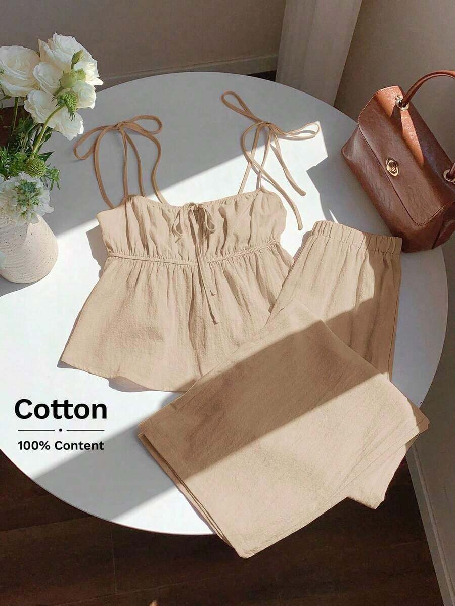 Conjunto de top de tirantes y pantalones de lino tejido en color fucsia - Caqui - Ver 1