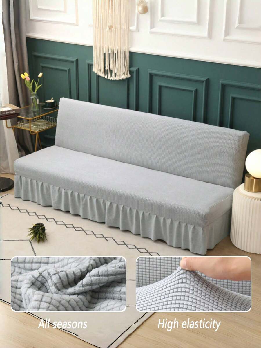 Funda de sofá cama estilo falda de unicolor, funda elástica de fibra de poliéster de cobertura completa, adecuada para sofás sin brazos, simple y de moda, adecuada para todas las estaciones - Gris Claro - Ver 1