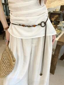 1pc Coffee Color Women's Polyester Beaded Braided Waist Rope - Coffee - View 4