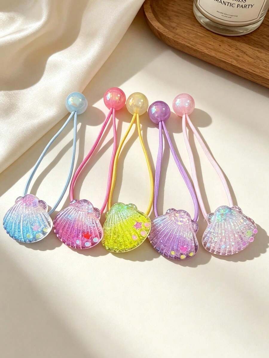 5入/組夢幻美人魚主題貝殼髮圈,亮片美人魚髮帶,高彈性不傷髮髮帶,女孩可愛配件,學生髮型馬尾造型工具 - 彩色 - 查看 1