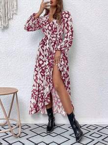 xheBreezaya Vestido largo estampado con mangas de farol, bajo con volantes y cinturón para mujerxhe - Rosa Fucsia - Ver 4