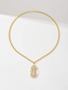 1pc Classic European & American Style Copper Inlaid Zirconia Large Chain Pendant Necklace, Vintage Hip-Hop Colorful St. Benedict Protective Light Limited Edition, Suitable For Christmas/Thanksgiving/Halloween/Mother's Day/Valentine's Day Gifts, Catholic First Communion, Daily & Festival Wear, Prayer - Yellow Gold - View 6