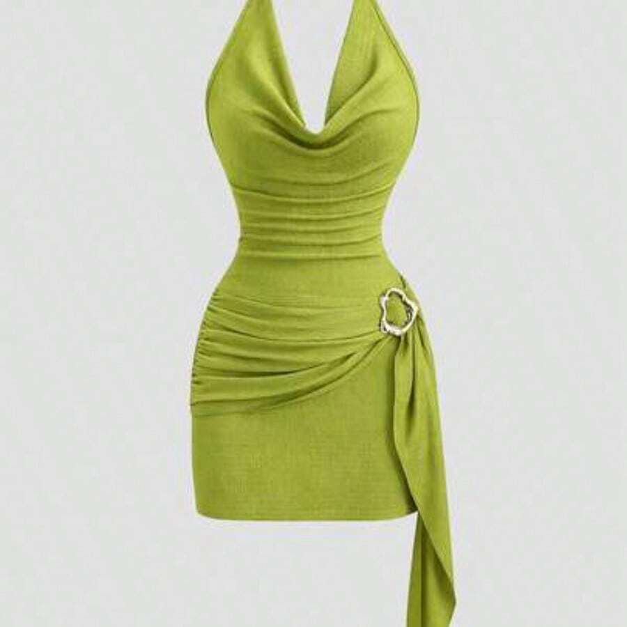guang zhou mi qian shang mao Vestido corto y ajustado con cuello drapeado y diseño de corbata con volantes, de textura elegante para mujer - Verde - Ver 1