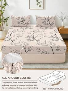 1pc Leaf And Plant Print Fitted Sheet, Soft Comfortable Breathable, Wrinkle Resistant, Improve Sleep Quality, Machine Washable, Suitable For Double Bed, Full Size Bed, Queen Bed, King Bed, Perfect For Dorm And Guest Room Use (Pillowcase Not Included) - Multicolor - View 4