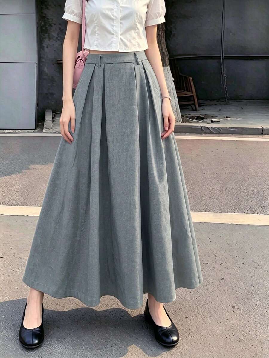 2026 Spring/Summer Fashionable Item: Women's Versatile Elegant Solid Color Maxi Skirt, Suitable For Daily Wear, Casual Commute, Street Style, Business/Office Attire - Light Wash - View 1