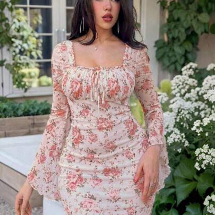 guangzhougaolangshangmao Vestido entallado con busto fruncido con manga acampanada y diseño de impresión floral con lazo al frente - Rosa - Ver 1