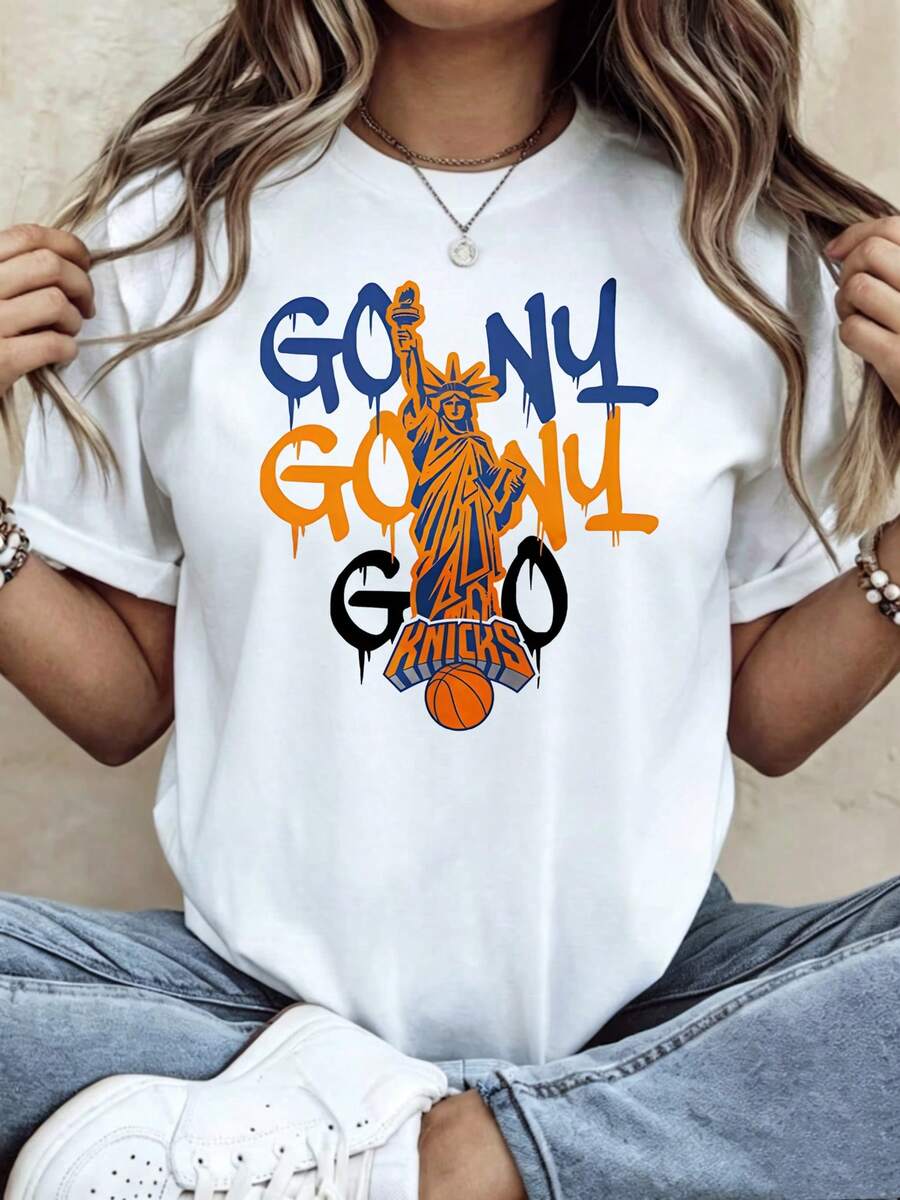 Statue Of Liberty And Knicks Logo Women's T-Shirt Casual Streetwear Summer Wear For Basketball Fans And New York City Lovers - 白色 - 查看 1