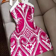 Nana's Women's Clothing Store  Vestido mini ajustado con estampado de bloques de color, con cuello de halter y cintura con lazo, sexy y casual para playa, vacaciones y viajes para mujeres - Rosa Fucsia - Ver 1