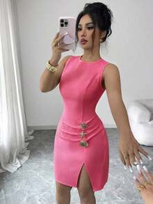Vestido corto sin mangas de mujer de unicolor, elegante, con cuello redondo, plisado, con abertura en el bajo, con botones de metal con forma de sol, estrella de mar y concha, adecuado para fiestas, citas, trabajo, uso diario, temporada de verano, graduación, vuelta al cole, Día del Maestro - Rosa Fucsia - Ver 6