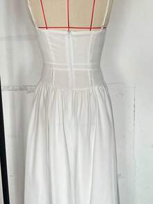 Women's Elegant White Midi Dress Sleeveless Deep V Neck A-Line Backless Flared Asymmetrical Cami Dress, Perfect For Casual & Formal Events - 白色 - 查看 4