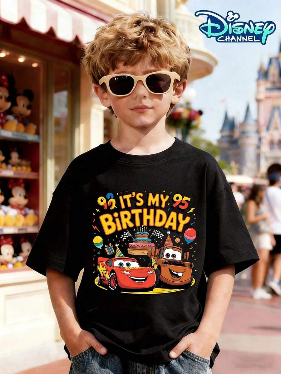 Disney Boys' *Cars* "Today Is My Birthday" T-Shirt Featuring Lightning McQueen And Mater-A Cute, Racing-Themed Short-Sleeve Top Perfect For Boys' Casual Wear, Ideal For Theme Park Visits And Various Celebrations. - màu đen - Xem 1