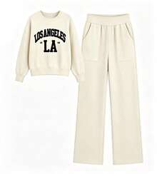 "Los Angeles" Sweatshirt And Pants Set - Casual & Comfortable - Beige - View 2