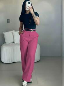 Quần ống rộng cạp cao dáng ôm dành cho nữ màu hồng fuchsia | Phong cách đường phố Bohemian | Thích hợp cho mùa xuân/hè, đi làm và đi nghỉ mát (Không bao gồm thắt lưng) - Màu Hồng Tươi - Xem 2