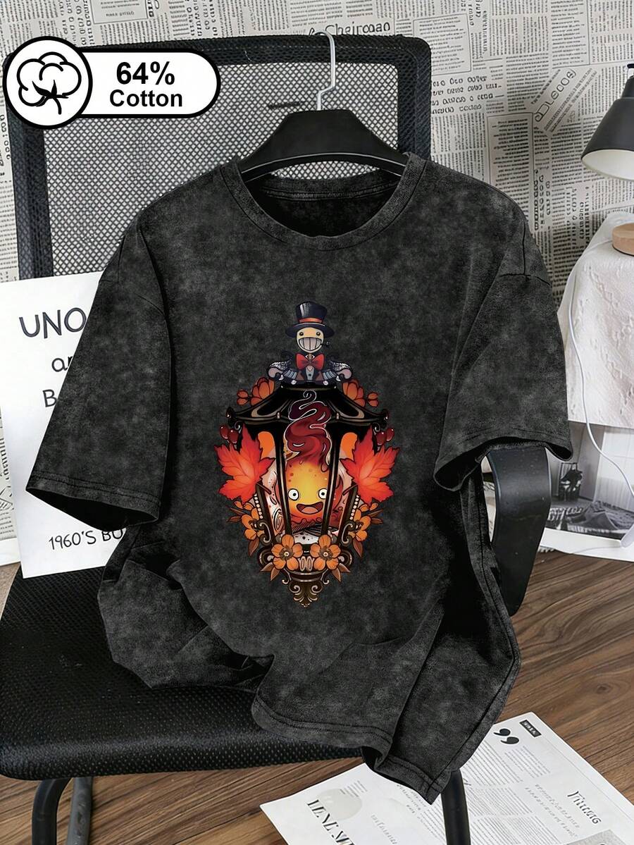 大码女式休闲日常卡通小火焰恶魔印花复古水洗短袖T恤,美式街头风,女士夏季上衣,黑色 - 黑色 - 查看 1