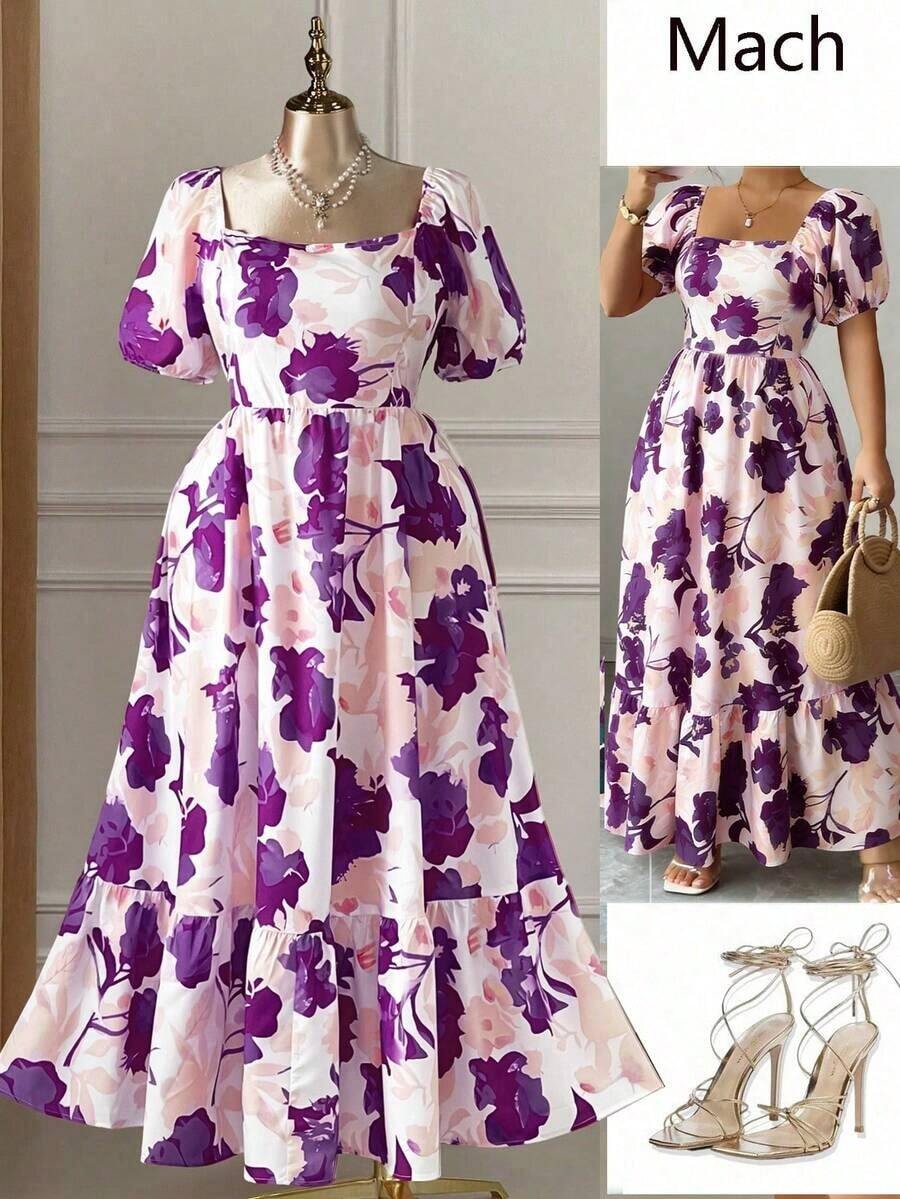 Rometta Vestido maxi de mujer talla grande con estampado floral elegante, cuello cuadrado, mangas abullonadas, espalda descubierta y cintura ceñida, estilo vacacional - Multicolor - Ver 1