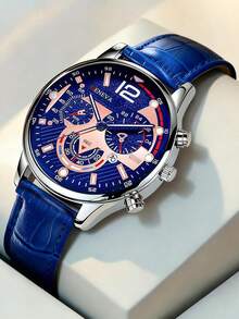 SOKI SOKI Men's Watch With Calendar Function, Fashionable Round Dial, Quartz Movement, PU Strap. Suitable For Men To Wear At Parties, Holidays And Birthdays, Or As An Ideal Gift For Brothers (Gift Box Not Included) - Blue - View 2