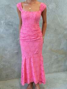 Vestido largo hombros descubiertos sin mangas liso elegante vestido fiesta estilo europeo - Rojo - Ver 5