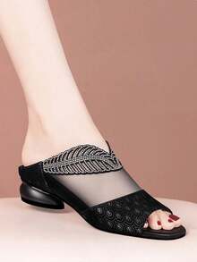 Sandalias de verano para mujer, diapositivas de tacón bajo cómodo con puntera abierta, con decoración de cristal negro para una moda elegante - Negro - Ver 13