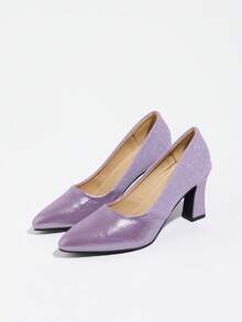 Women's Spring/Autumn Pointed Toe Chunky Heel Fashion Work Commute Versatile Patchwork Comfortable Pumps High Heel Shoes - Purple - View 4
