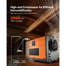 156 Pints Commercial Dehumidifier With Drain Hose, Portable Crawl Space Dehumidifiers For Basement Storage Room Industrial Grade, Auto Defrost/Drainage, Heavy-Duty Galvanized Steel, LED Indicate - Metal, 80 Pt, No Pump - View 3