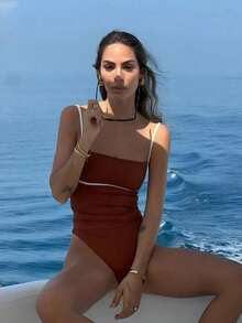 新款性感红木色高弹力休闲沙滩度假约会派对女士连体吊带泳衣 - 紅木色 - 查看 5