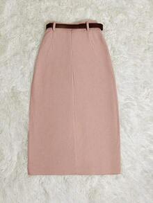 Women's Solid Color Corduroy Skirt With Pocket And Slit With Belt - Pale Pink - View 2