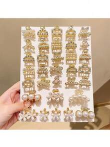 8 piezas/Set Pinzas de pelo elegantes con perlas para mujer, horquillas pequeñas de metal exquisitas, estilos mezclados al azar, regalo de decoración diaria - Blanco - Ver 6