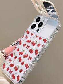 1pc Transparent TPU Cherry Painted Phone Case With Mirror Stand, Suitable For IPhone 11 12 13 14 12 Pro Max 13 Pro Max 14 Pro Max 15 15 Pro 15 Pro Max 16 16 Pro 16 Pro Max 17 17 Pro 17 Pro Max - Multicolor - View 5