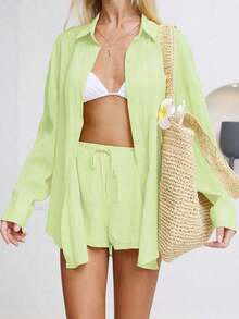 Conjunto de 2 piezas de camisa holgada de botones de mezcla de lino y pantalones cortos de talle bajo para mujer, para primavera/verano - Verde - Ver 1