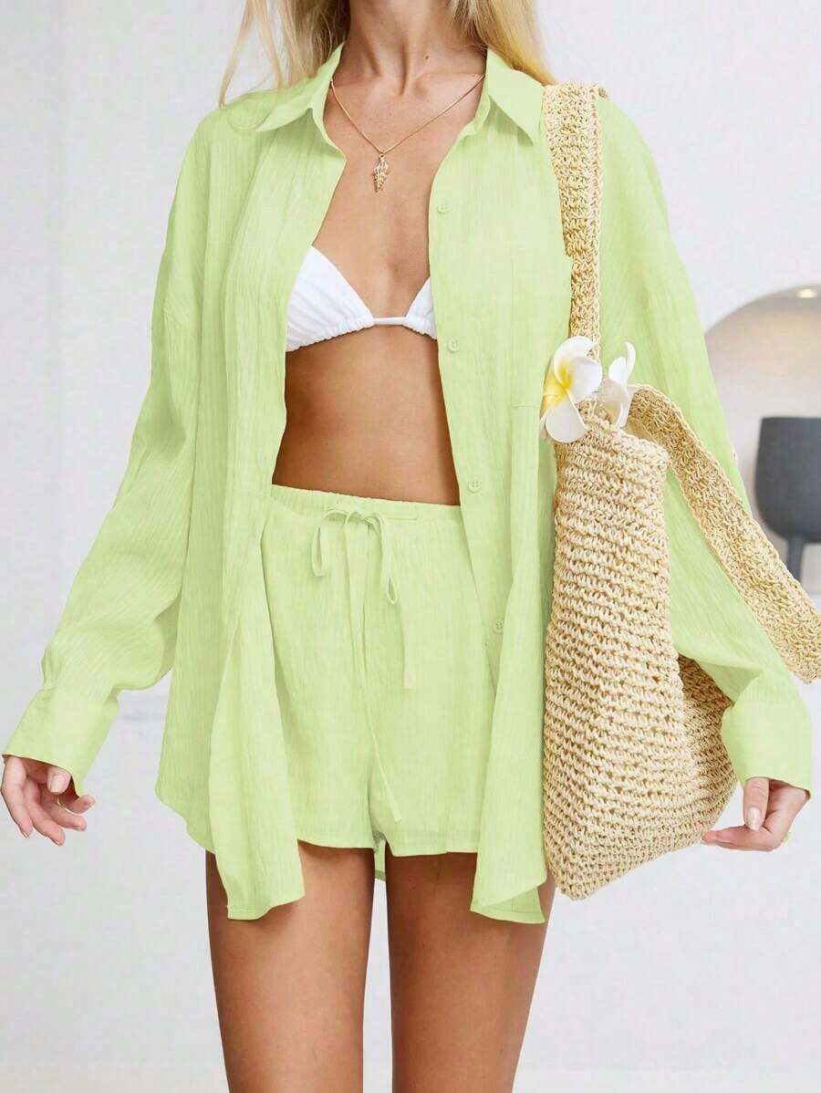 Conjunto de 2 piezas de camisa holgada de botones de mezcla de lino y pantalones cortos de talle bajo para mujer, para primavera/verano - Verde - Ver 1