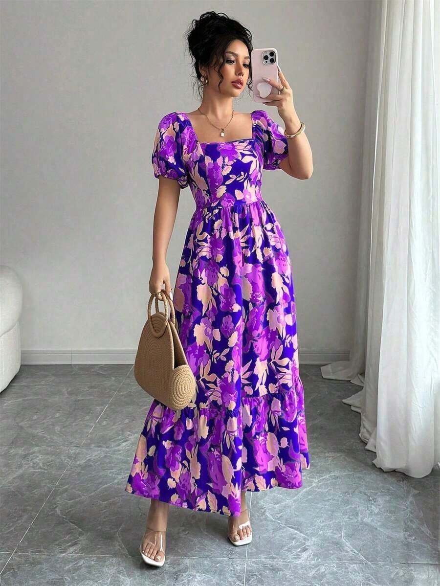 Women's Dress With Petal Sleeve Design, Square Neck And Fitted Waist With Print - 黑色 - 查看 1