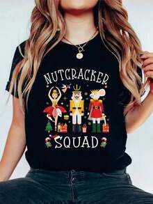 Women's Short-Sleeved T-Shirt With Round Neck And Graphic Print Of Christmas Gingerbread House And Candy Cane, Vintage Style, Casual, For Christmas Parties And Everyday Wear. - 黑色 - 查看 1