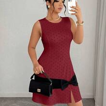 YijiaNvz  Vestido mini de punto de línea A con contraste de lunares y lazo, elegante y sin mangas, para mujer de talla grande, primavera/verano - Albaricoque - Ver 10
