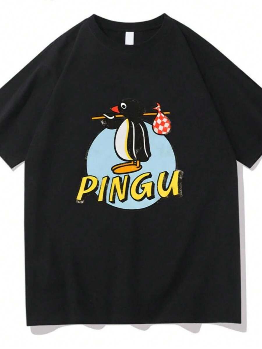 Women's T-Shirts Pingu Classic Logo Natural T-Shirt Women Men Round Neck Penguin Tee Shirt Harajuku Clothes Classic Comfortable Chic Y2K Clothing - 黑色 - 查看 1