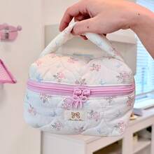 1pc Multi-Color INS Style Versatile Pouch, Plaid & Floral Patchwork Heart Design, Bow Decor Zipper Closure, Casual Foldable Lightweight Carry-On Bag, Cosmetic Organizer, Jewelry Storage Pouch, Multi-Functional Women's Toiletry Bag - Multicolor - View 13