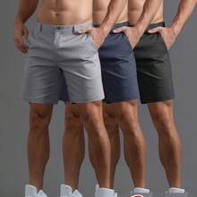 3-Pc Men'S Fashion Easy Shorts Business Street Versatile Straight-Leg Five-Point Pants Woven Solid Color Sports Pants Seaside Vacation Travel Versatile Men'S Shorts Outdoor Casual Sports Zipper And Resin Buttons Half Elastic Waistband Multiple Sizes - 米色+海軍藍+黑色 - 查看 2