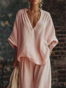 European Plus Size Women Two Piece Set, Solid Color Loose Short Sleeve Top & Casual Pants, Elegant & Comfortable - Hồng - Xem 2