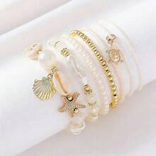 Set de 7 pulseras de capas con perlas de concha y estrella de mar, diseño de estilo bohemio, adecuado para uso casual en vacaciones en la playa, patrón de concha aleatorio, también adecuado para fiesta, boda, pulsera de novia - Dorado - Ver 3