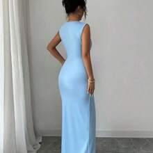 Nana's Women's Clothing Store  Elegante vestido con cuello en V plisado, cintura ceñida y abertura, sexy y elegante, adecuado para uso diario y vacaciones, azul claro, primavera/verano - Celeste - Ver 3