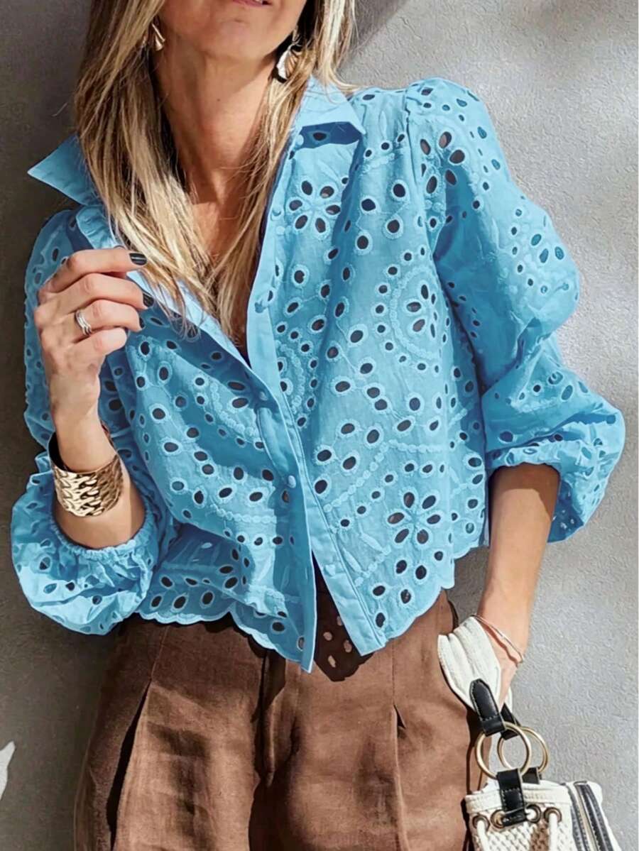 Solid Color Embroidered Ruffle Tie Front Button Lantern Sleeve Blouse Vacation Summer, For Her - Baby Blue - View 1