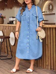 Vestido de mezclilla casual con cuello con muesca y botones delanteros, talla grande y unicolor - Negro - Ver 4