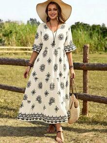 EMERY Vestido casual de vacaciones con estampado geométrico de talla - Albaricoque - Ver 7
