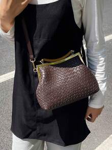 PU Leather Crossbody Bag For Women, Vintage Clasp Handbag, Adjustable Shoulder Strap, Solid Color Lightweight Shoulder Bag With Polyester Lining - Coffee Brown - View 11