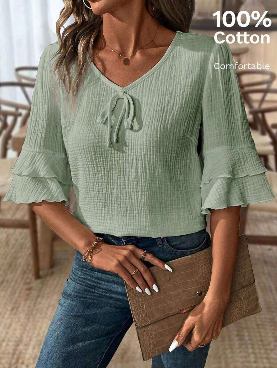 LUNE Women's Casual Linen Blouse With V-Neck And Short Sleeves With Ruffled Hem - Green - View 1